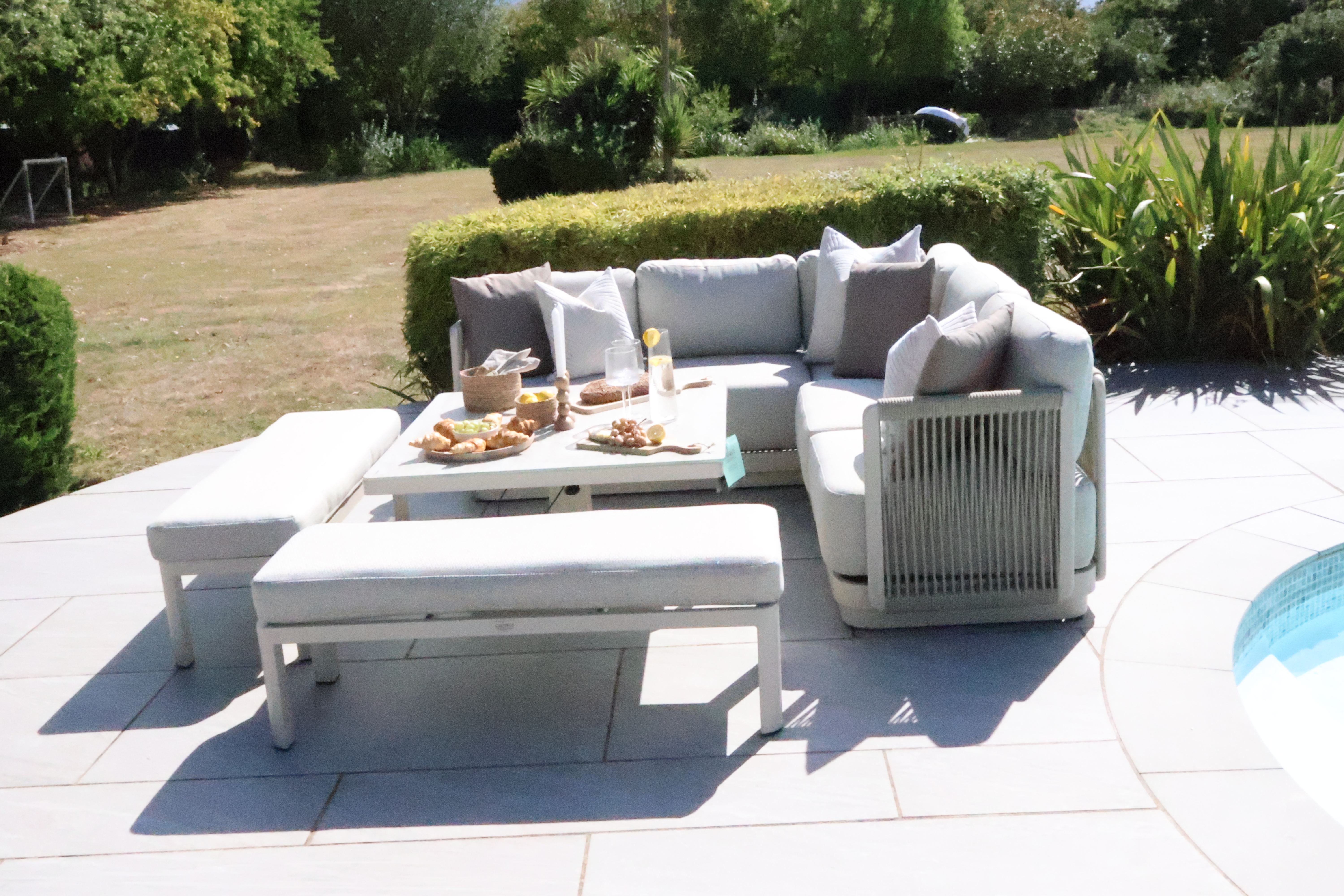 Chimes - Portofino Aluminium & Rope Compact Corner Dining Set With Rising Table - Cream
